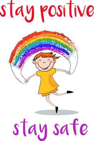 Child jumps under rainbow. Stay positive. Stay safe.のイラスト素材