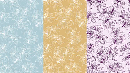 Set of seamless patterns with lilies for backgrounds, wallpapers, textiles.のイラスト素材