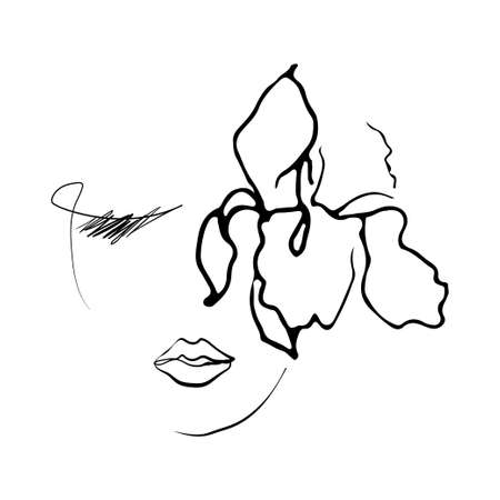 line drawing woman face with iris flower.のイラスト素材