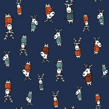 Seamless vector hand drawn background with deer in a sweater.のイラスト素材