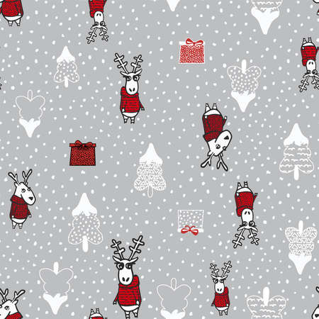 Seamless pattern with deer, present and christmas treeのイラスト素材