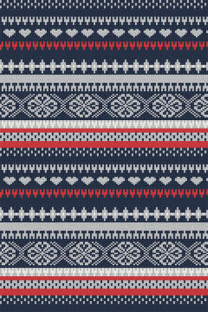 Knitted geometric background in Fair Isle style. Blue, red, grey and white patternの写真素材