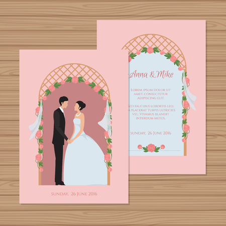 Wedding invitation with bride and groom on the background of a wedding arch. Vector illustration.のイラスト素材