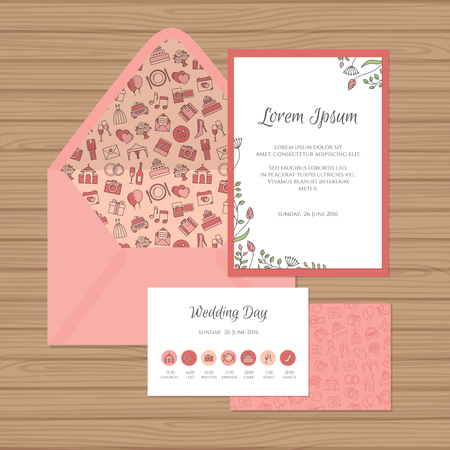 Wedding invitation, timeline card and envelope with floral ornament and seamless pattern of wedding element. Vector illustration.のイラスト素材