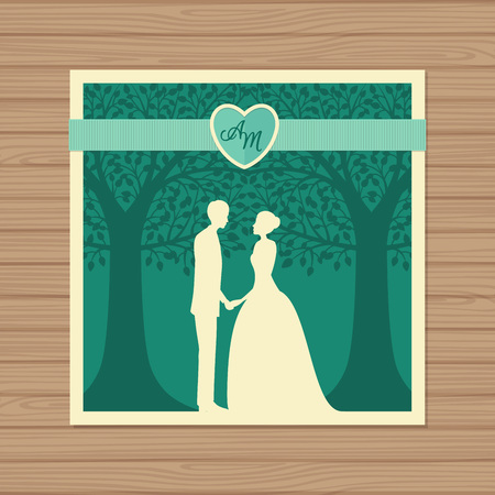Wedding invitation with bride and groom, and tree. Paper lace envelope template. Wedding invitation envelope mock-up for laser cutting. Vector illustration.のイラスト素材