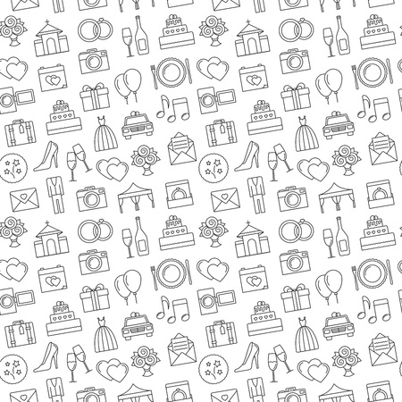 Wedding background. Seamless pattern of wedding object. Cartoon wedding symbols. Outline icons, black and white.のイラスト素材