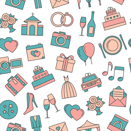 Wedding background. Seamless pattern of wedding object. Cartoon wedding symbols.のイラスト素材
