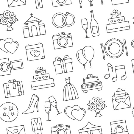 Wedding background. Seamless pattern of wedding object. Cartoon wedding symbols. Outline icons.のイラスト素材