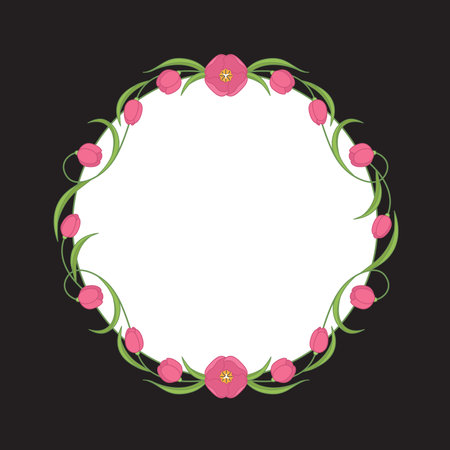 Vector floral wreath of crimson tulips for wedding invitations. Colorful illustration.のイラスト素材