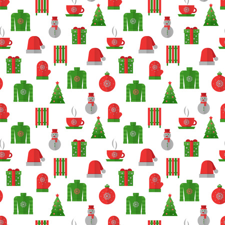 Winter seamless pattern, green and red colors. Christmas seamless background, flat design.のイラスト素材