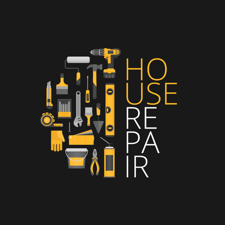 Home repair. Construction tools. Hand tools for home renovation and construction. Flat style, vector illustration.のイラスト素材