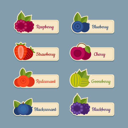 Berry icon set. Labels with berries. Flat style, vector illustration.のイラスト素材