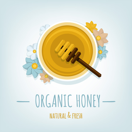 Honey pot with a spoon on the table. Top view. Vector illustration, flat style.のイラスト素材