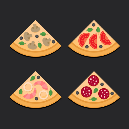 Pizza slice set. Pepperoni, mushroom, seafood, vegetarian.のイラスト素材