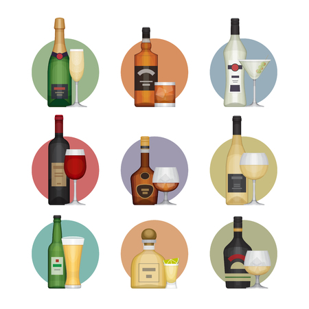 Flat icons set of popular various alcoholic beverages with glasses. Flat design style, vector illustration.のイラスト素材