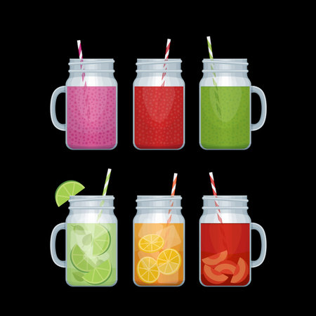 Set of different alcohol cocktail and smoothie mason jar. Bar menu. Vector illustration.のイラスト素材