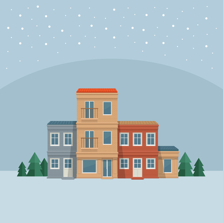 Winter town. Street with house, front view. City background. Vector detailed illustration. Urban landscape.のイラスト素材