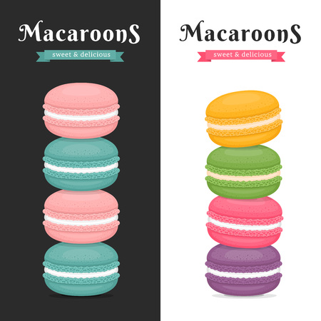 Different types of macaroons. Banner  cake macaron. Flat style, vector illustration.のイラスト素材