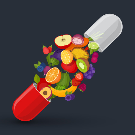 Medical capsule with fruit and vegetables. Vitamins and supplements. Different fruit in capsule.のイラスト素材
