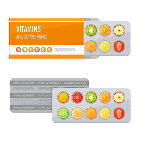 Blister pack of pills with fruit. Vitamins and supplements Flat style vector illustration.のイラスト素材