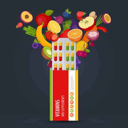 Blister pack of pills with fruit. Vitamins and supplements Flat style vector illustration.のイラスト素材