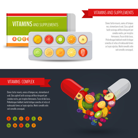 Blister pack of pills with fruit. Vitamins and supplements Healthcare banner Flat style vector illustration.のイラスト素材