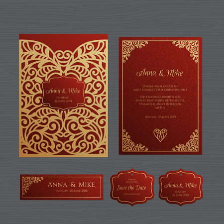 Wedding invitation or greeting card with vintage ornament. Paper lace envelope template. Wedding invitation envelope mock-up for laser cutting. Vector illustration.のイラスト素材