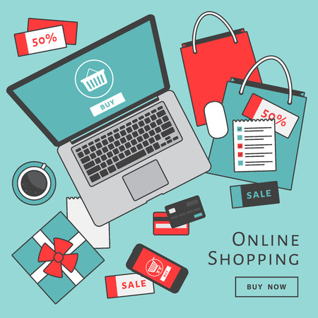 Online shopping concept. Online store objects and banner. Table with laptop, shopping bags, credit cards, gifts and coupons. Flat style, vector illustration.のイラスト素材