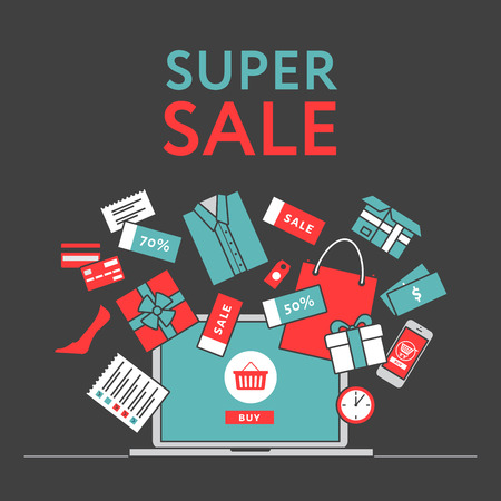 Online shopping concept. Online store objects and banner. Table with laptop, shopping bags, credit cards, gifts and coupons. Flat style, vector illustration.のイラスト素材