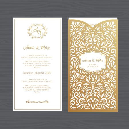 Luxury wedding invitation or greeting card with vintage floral ornament. Paper lace envelope template. Wedding invitation envelope mock-up for laser cutting. Vector illustration.