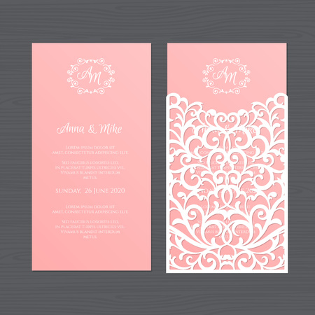 Luxury wedding invitation or greeting card with vintage floral ornament. Paper lace envelope template. Wedding invitation envelope mock-up for laser cutting. Vector illustration.のイラスト素材
