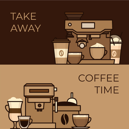 Coffee objects and equipment. Cup and coffee brewing methods. Coffee makers and coffee machines, kettle, french press, moka pot, cezve. Flat style, vector illustration.のイラスト素材