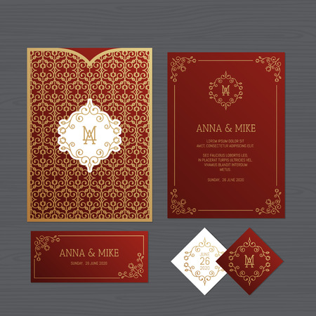Wedding invitation or greeting card with vintage ornament. Paper lace envelope template. Wedding invitation envelope mock-up for laser cutting. Vector illustration.のイラスト素材