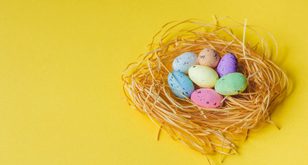 Colorful Easter eggs lie in the nest on a yellow background. The concept of the holiday is Easter, Christ is resurrected. Banner. A place for text. Mock up. View from above. Selective focusの写真素材