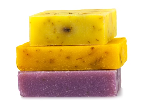 Handmade soap stack isolated on white backgroundの写真素材