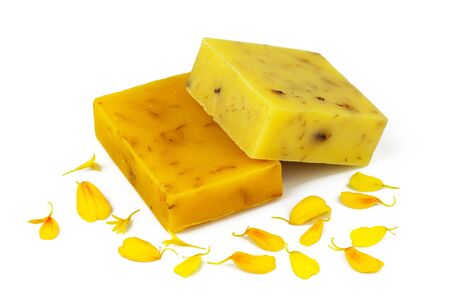 Macro view of handmade soap with flower petals isolated on white backgroundの写真素材