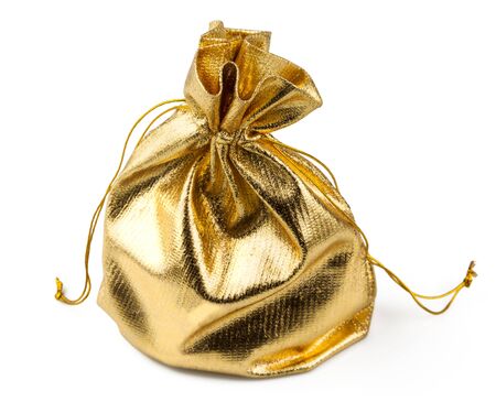 Gift golden bag with a surprise isolated on white backgroundの写真素材