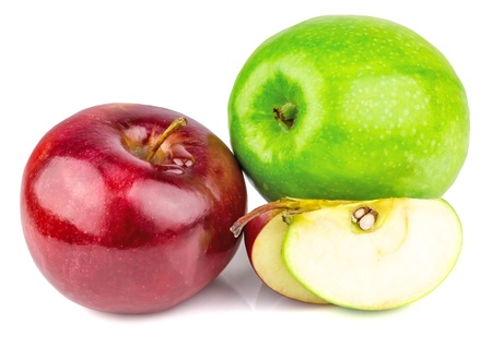 Fresh green and red apples with drops isolated on white backgroundの写真素材