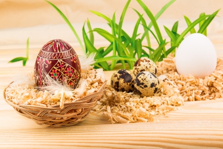 Three nests with eggs and grassの写真素材