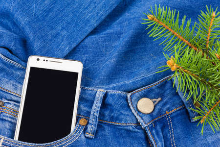White mobile phone in pocket of blue jeans and twig Christmas treeの写真素材