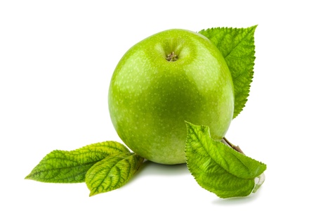 Macro view of green apple with green leaves isolated on white backgroundの写真素材
