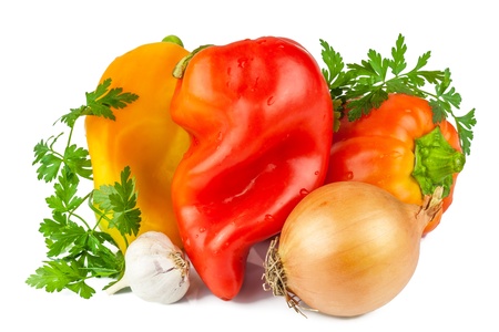 Macro view of sweet pepper, onion, garlic with greens isolated on white backgroundの写真素材