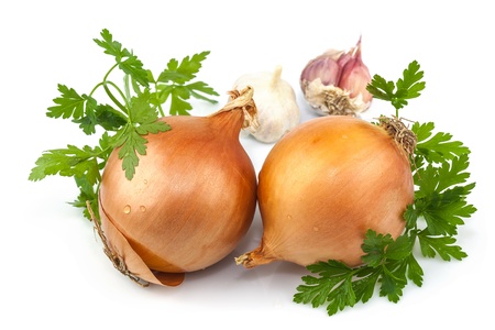 Macro view of onion, garlic and parsley isolated on white backgroundの写真素材