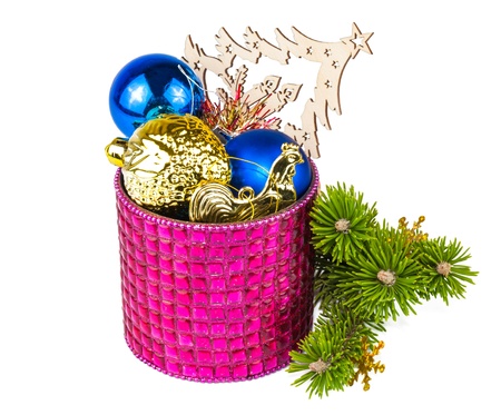 Christmas decoration and twig Christmas tree isolated on white backgroundの写真素材