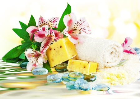 Spa concept with flowers and waterの写真素材