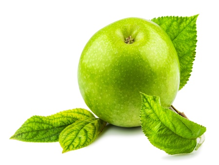 Macro view of green apple with green leaves isolated on white backgroundの写真素材