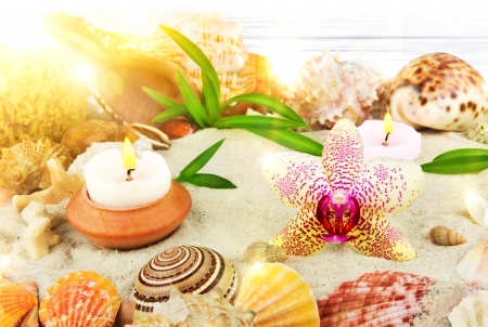 Sunrise on the beach spa concept with orchid and candlesの写真素材