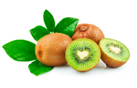 Kiwi with green leaves isolated on white backgroundの写真素材