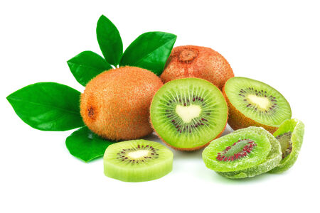 Kiwi with candied fruit and leaves isolated on white backgroundの写真素材