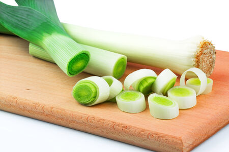 Fresh leek on a cutting boardの写真素材